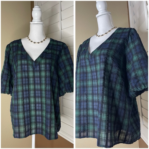 LOFT Tops - Loft Plaid Balloon Sleeve V-Neck Top Size XXL